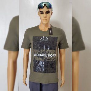 NWT MICHAEL KORS SHORT SLEEVE TSHIRT MEN'S SQUARE SZ S CAMO 3D LOGO PRINT GREEN